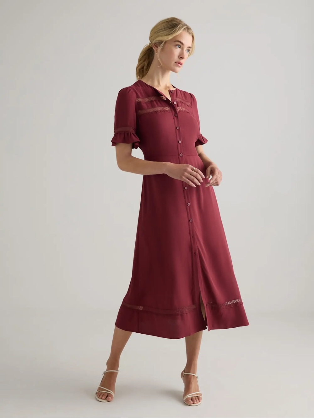 NWT Quince Lightweight Crepe Lace Inset Button-Front Midi Dress - Maroon, M